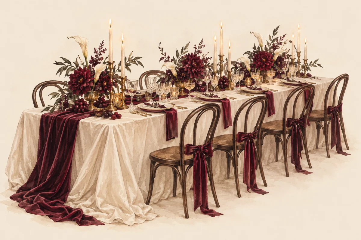 Masă festivă cu dalii burgundy, cale crem, pahare de cristal și lumânări