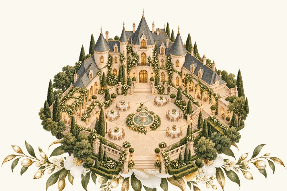 Model de invitație digitală Castel: castel cu turnuri de ardezie și grădini pregătite pentru nuntă