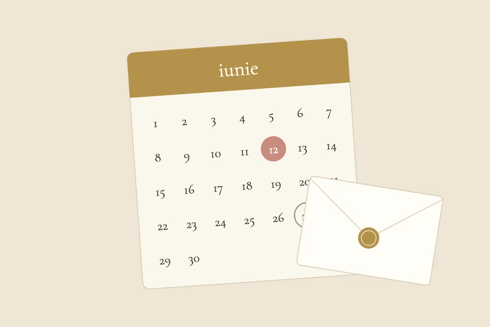 Ilustrație cu o filă de calendar cu o dată încercuită și un plic sigilat cu ceară aurie
