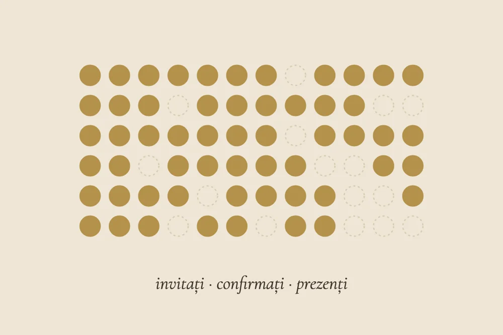 Ilustrație cu rânduri de buline, unele pline și altele goale, reprezentând invitații confirmați și cei absenți