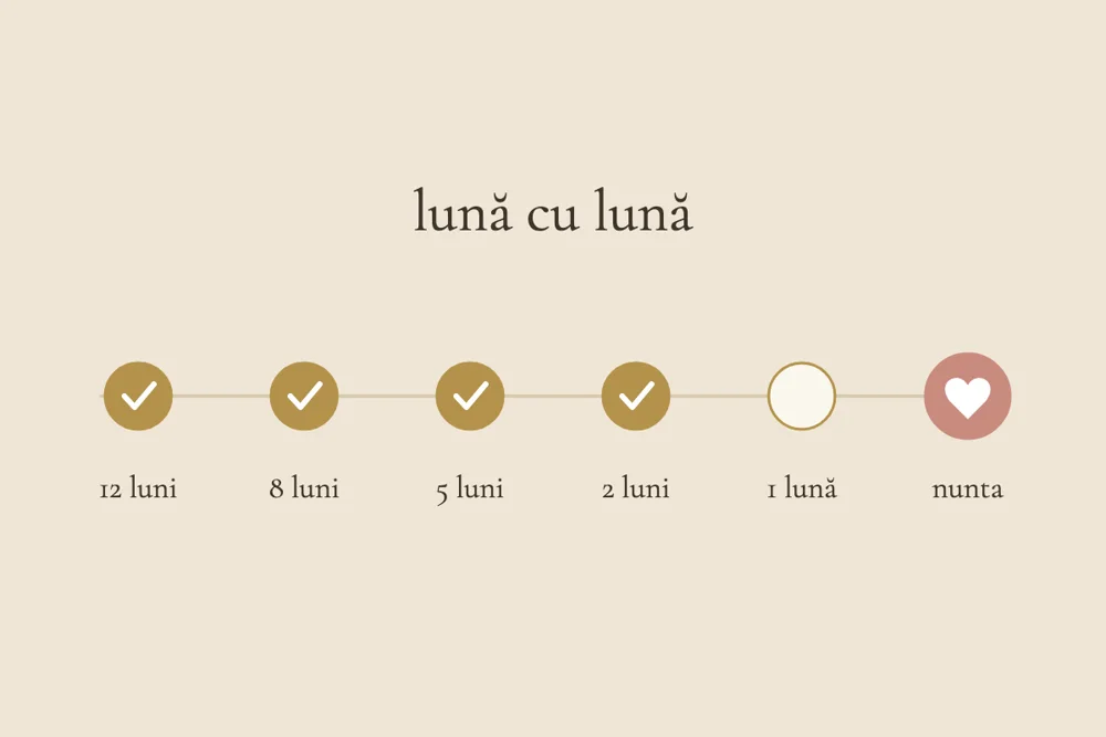 Ilustrație cu o bandă de calendar pe luni, cu bife aurii deasupra fiecărei etape