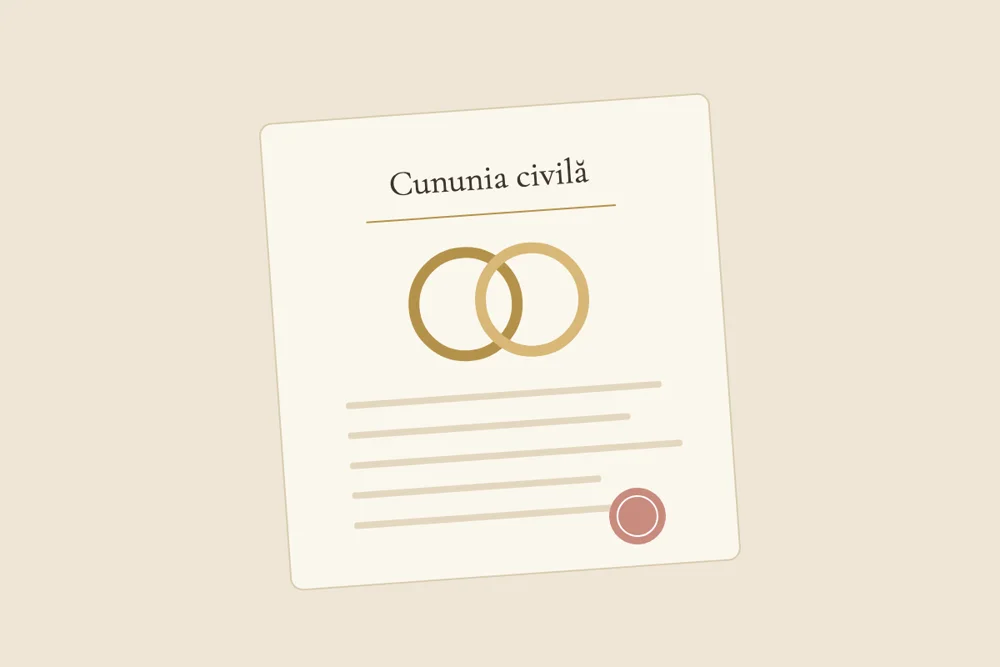Ilustrație cu două verighete aurii întrepătrunse, așezate peste un document cu sigiliu