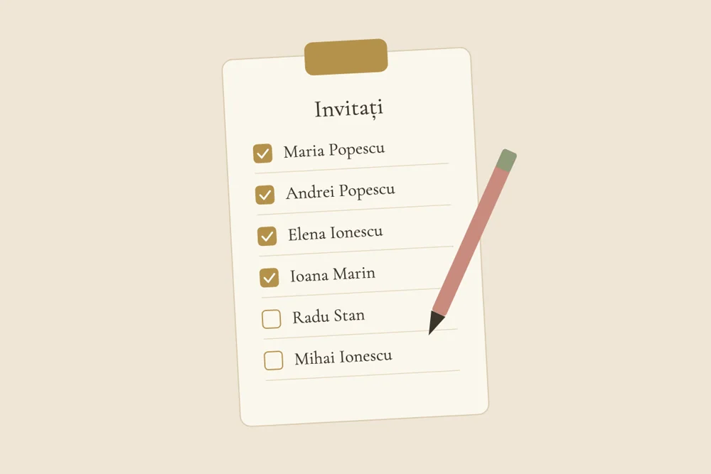 Ilustrație cu o listă de invitați pe un clipboard, cu nume bifate și un creion alături