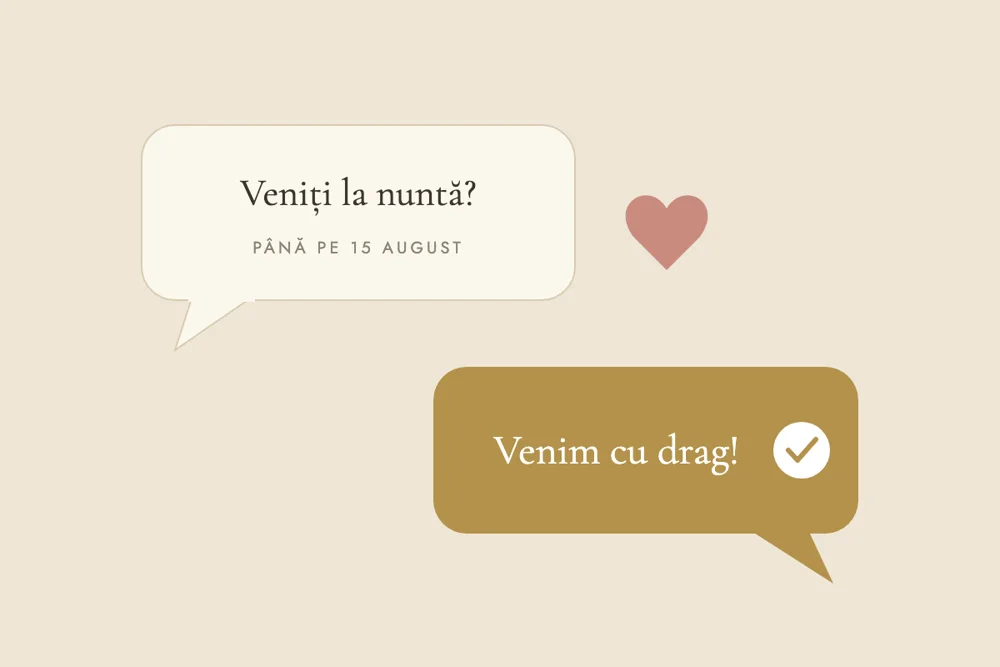Ilustrație cu două baloane de conversație, unul cu o inimă și unul cu o bifă