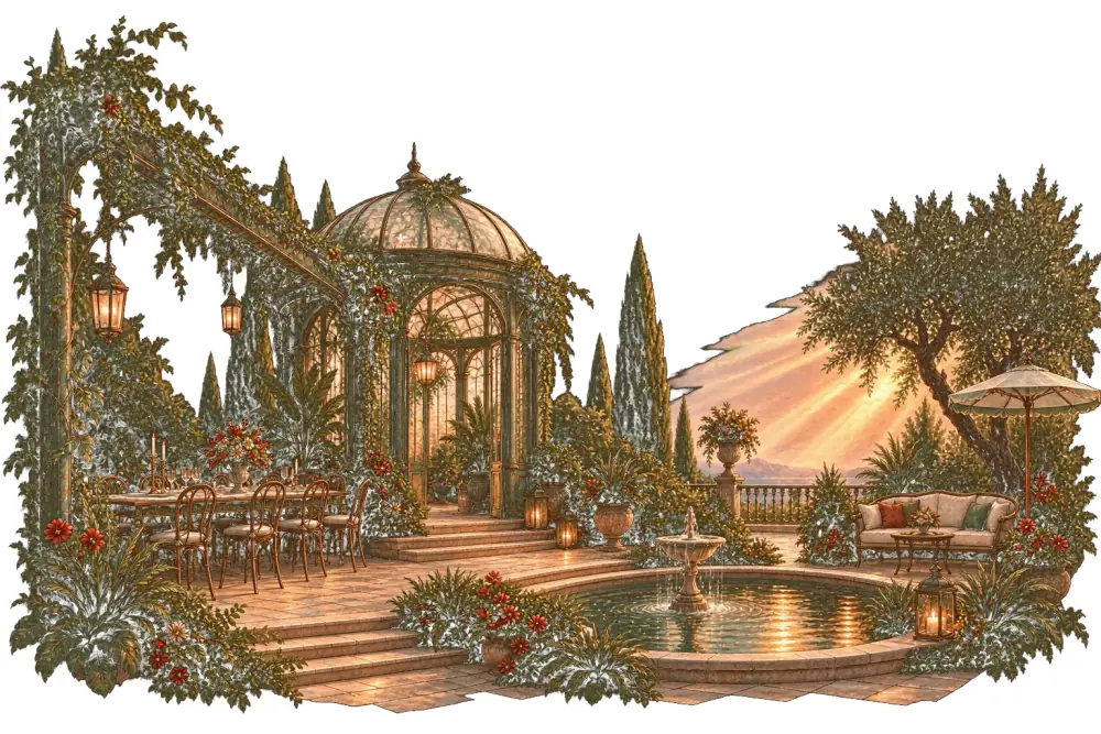 Model de invitație digitală Garden Party: foișor de sticlă și grădină de vară la apus
